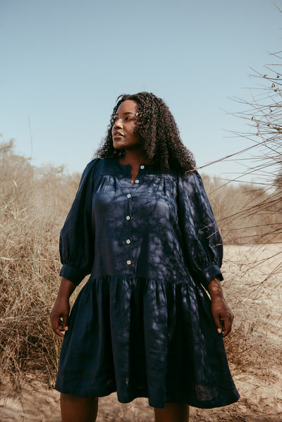 Front detail of  Aabha Italian linen dress in Navy Blue