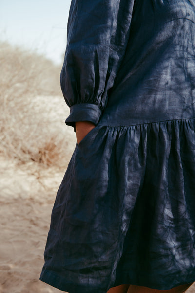 sleeve detail of Aabha Italian linen dress in navy blue with puff sleeves