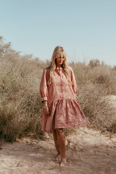 Full-length Aabha Italian linen dress in Brick Brown
