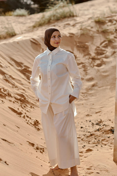 Designed and made in our Dubai . Aali Pants  in GOTS certified organic cotton poplin. Sustainable Fashion.