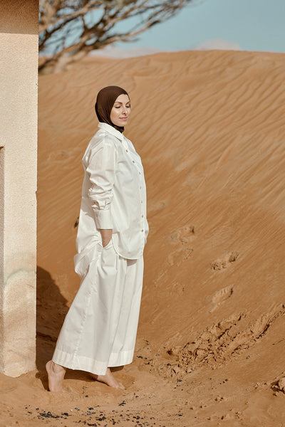 Designed and made in our Dubai . Aali Pants  in GOTS certified organic cotton poplin. Sustainable Fashion.