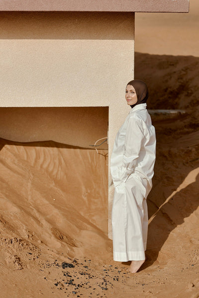 Designed and made in our Dubai . Aali Pants  in GOTS certified organic cotton poplin. Sustainable Fashion.