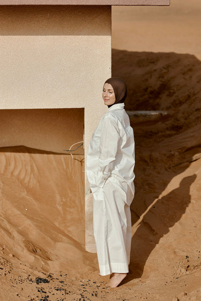 Designed and made in our Dubai . Aali Pants  in GOTS certified organic cotton poplin. Sustainable Fashion.