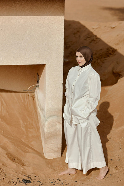 Designed and made in our Dubai . Aali Pants  in GOTS certified organic cotton poplin. Sustainable Fashion.