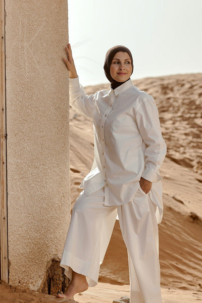 Designed and made in our Dubai . Aali Pants  in GOTS certified organic cotton poplin. Sustainable Fashion.