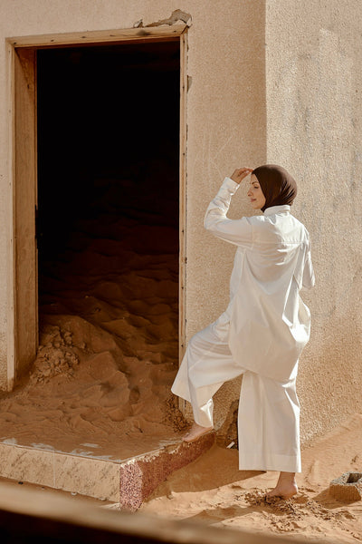 Designed and made in our Dubai . Aali Pants  in organic cotton poplin. Sustainable Fashion.