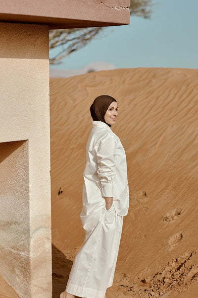 Designed and made in our Dubai . Aali Pants  in GOTS certified organic cotton poplin. Sustainable Fashion.