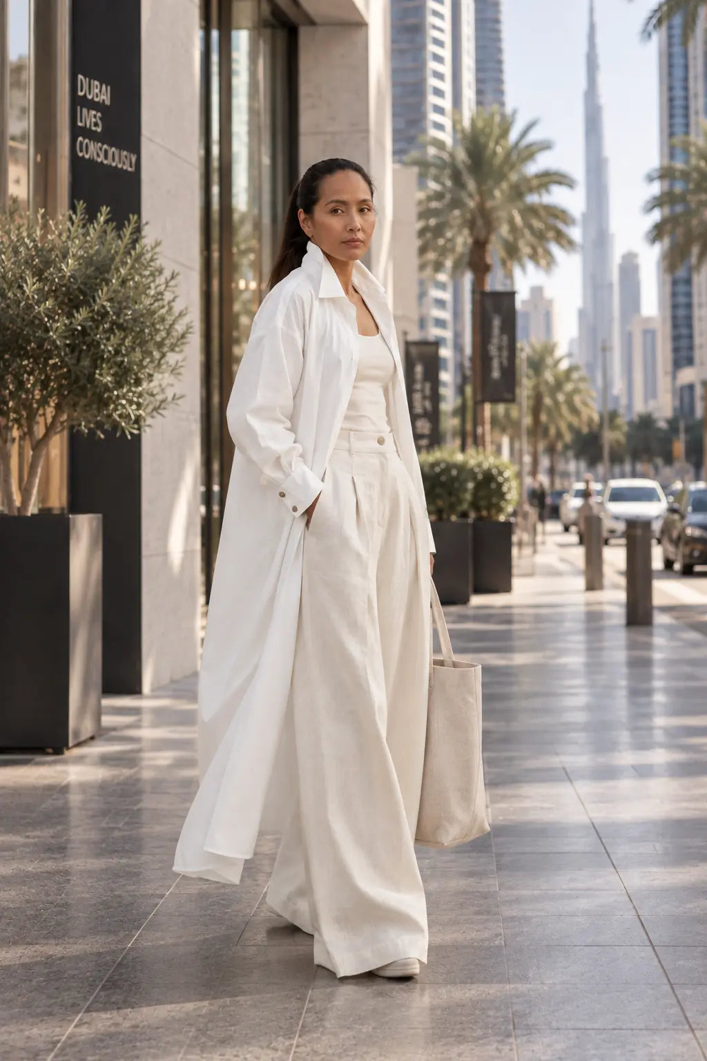 A long shirt made in organic cotton that is true to our minimalistic design and lightweight for a day at the beach or dress it up with a belt. Dubai. Sustainable Fashion.