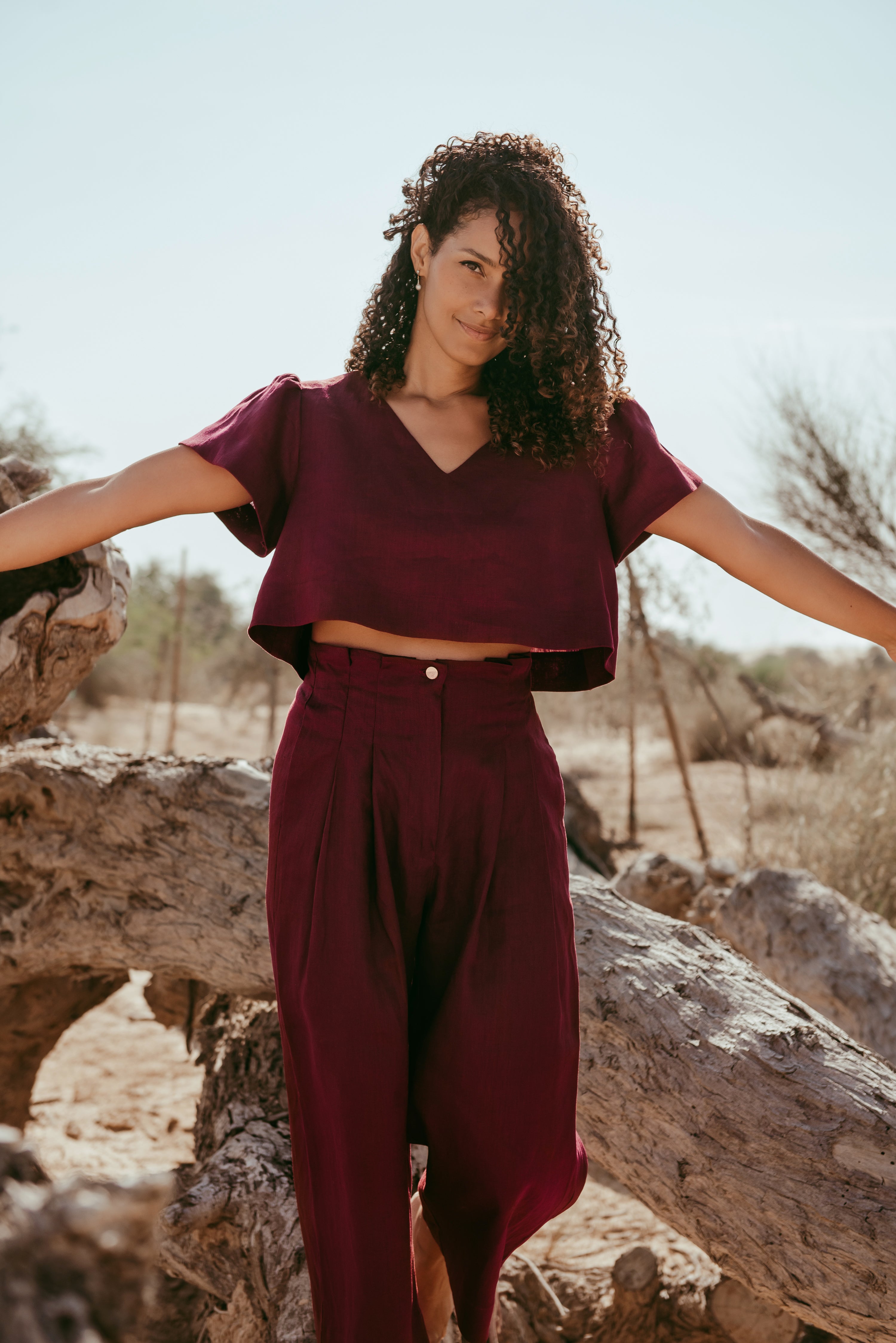 Amelia Italian Linen Co-ord Set – Pants & Crop Top in natural linen, handmade in Dubai | Sustainably U