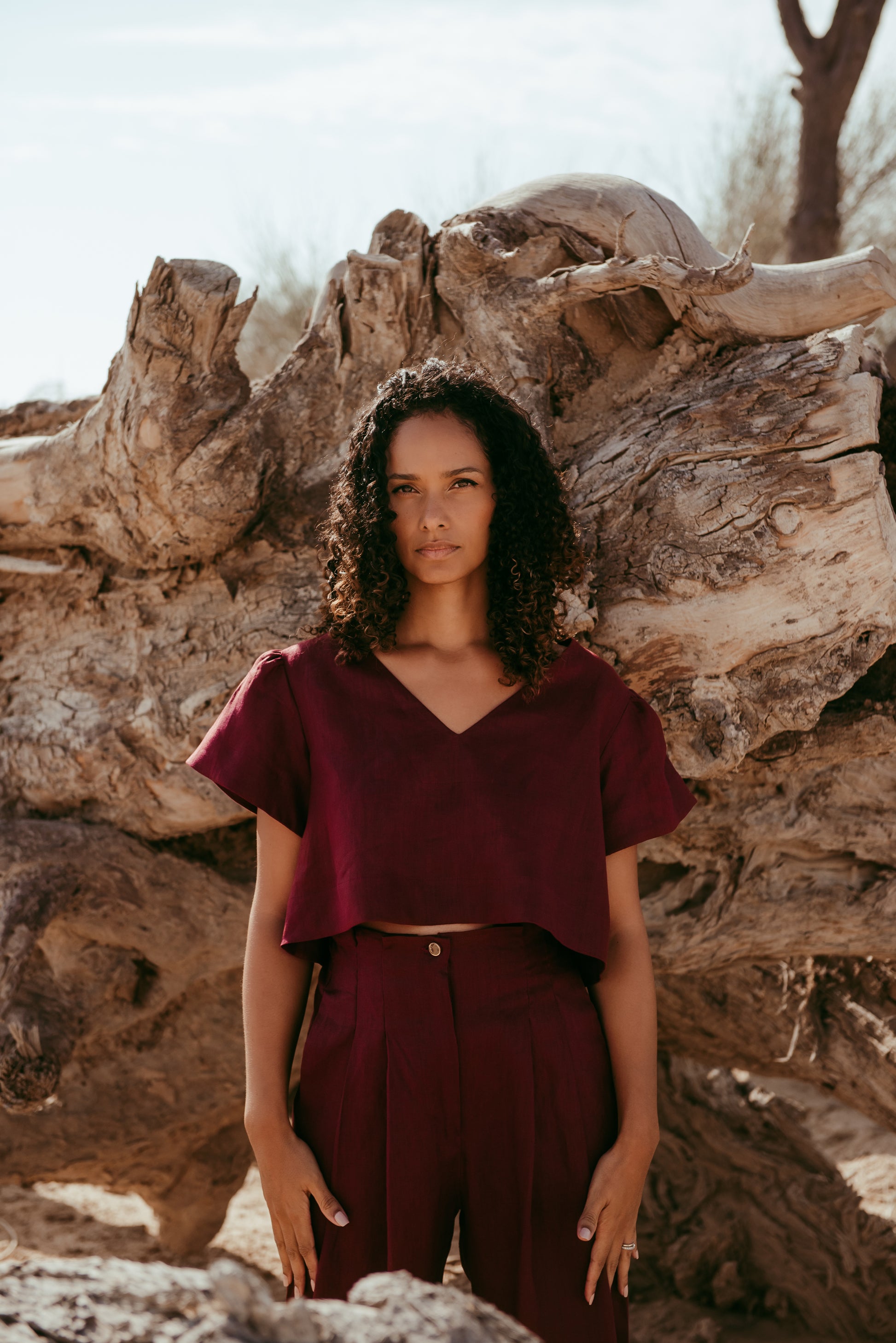 Amelia Italian Linen Co-ord Set – Pants & Crop Top in natural linen, handmade in Dubai | Sustainably U