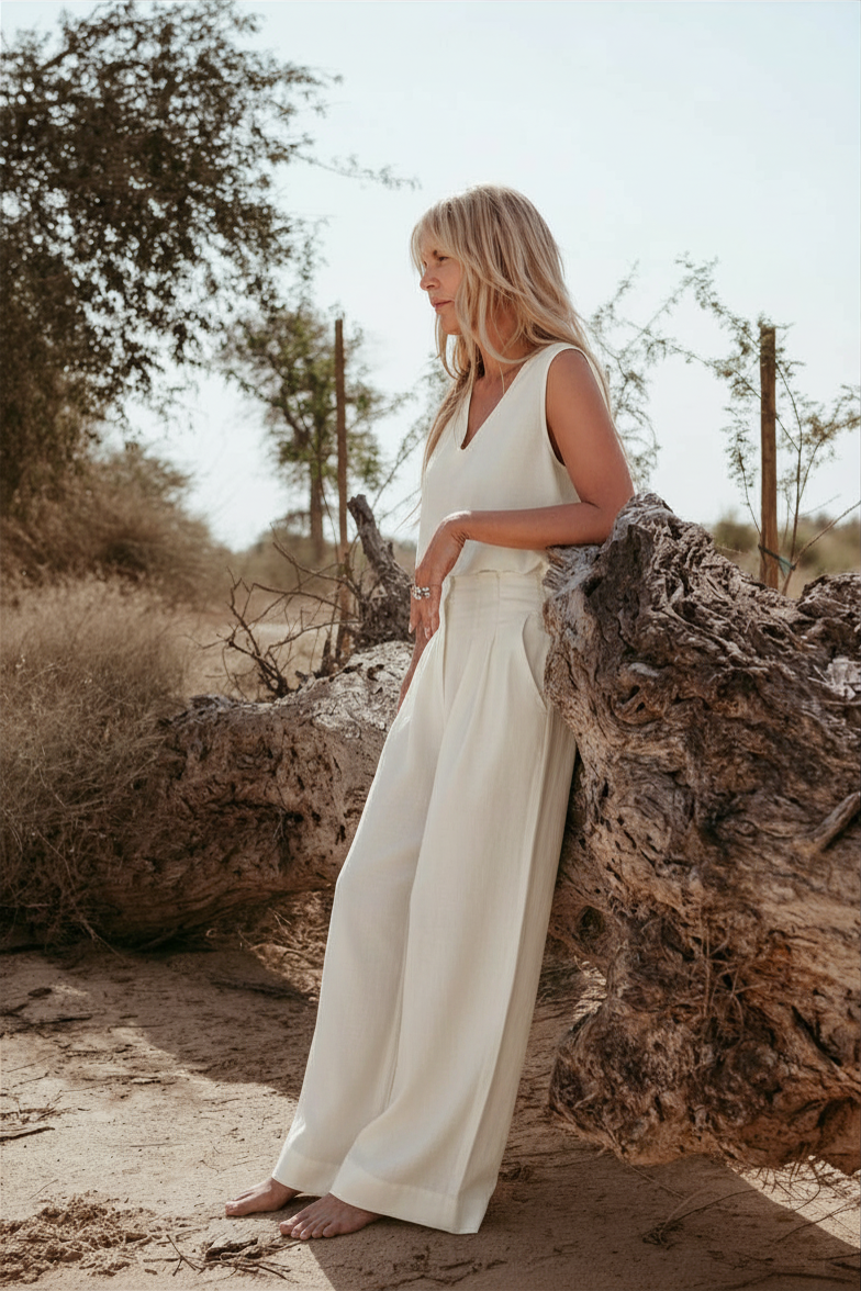 Amelia Italian Linen Co-ord Set in Off-White – pleated wide-leg pants and V-neck sleeveless crop top, handmade in Dubai