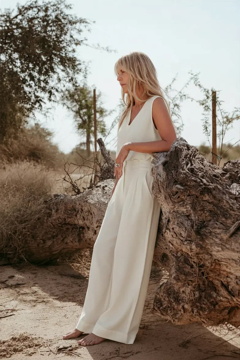 Amelia Italian Linen Co-ord Set in Off-White – pleated wide-leg pants and V-neck sleeveless crop top, handmade in Dubai