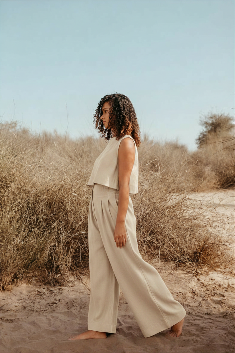 Amelia Italian Linen Co-ord Set in beige– pleated wide-leg pants and V-neck sleeveless crop top, handmade in Dubai