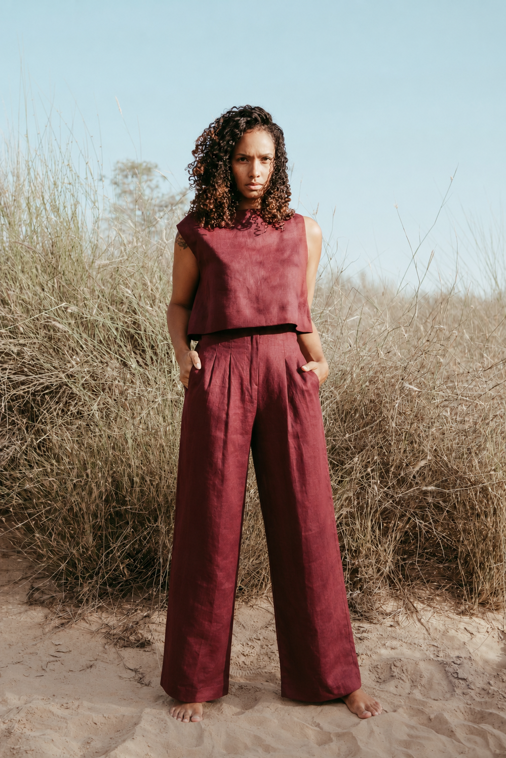 Amelia Italian Linen Co-ord Set in Off-White – pleated wide-leg pants and V-neck sleeveless crop top, handmade in Dubai