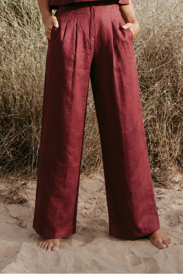 Amelia Italian Linen Co-ord Set in burgundy – pleated wide-leg pants and V-neck sleeveless crop top, handmade in Dubai