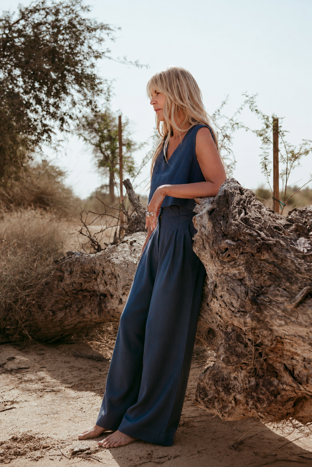 Amelia Italian Linen Co-ord Set in navy blue – pleated wide-leg pants and V-neck sleeveless crop top, handmade in Dubai