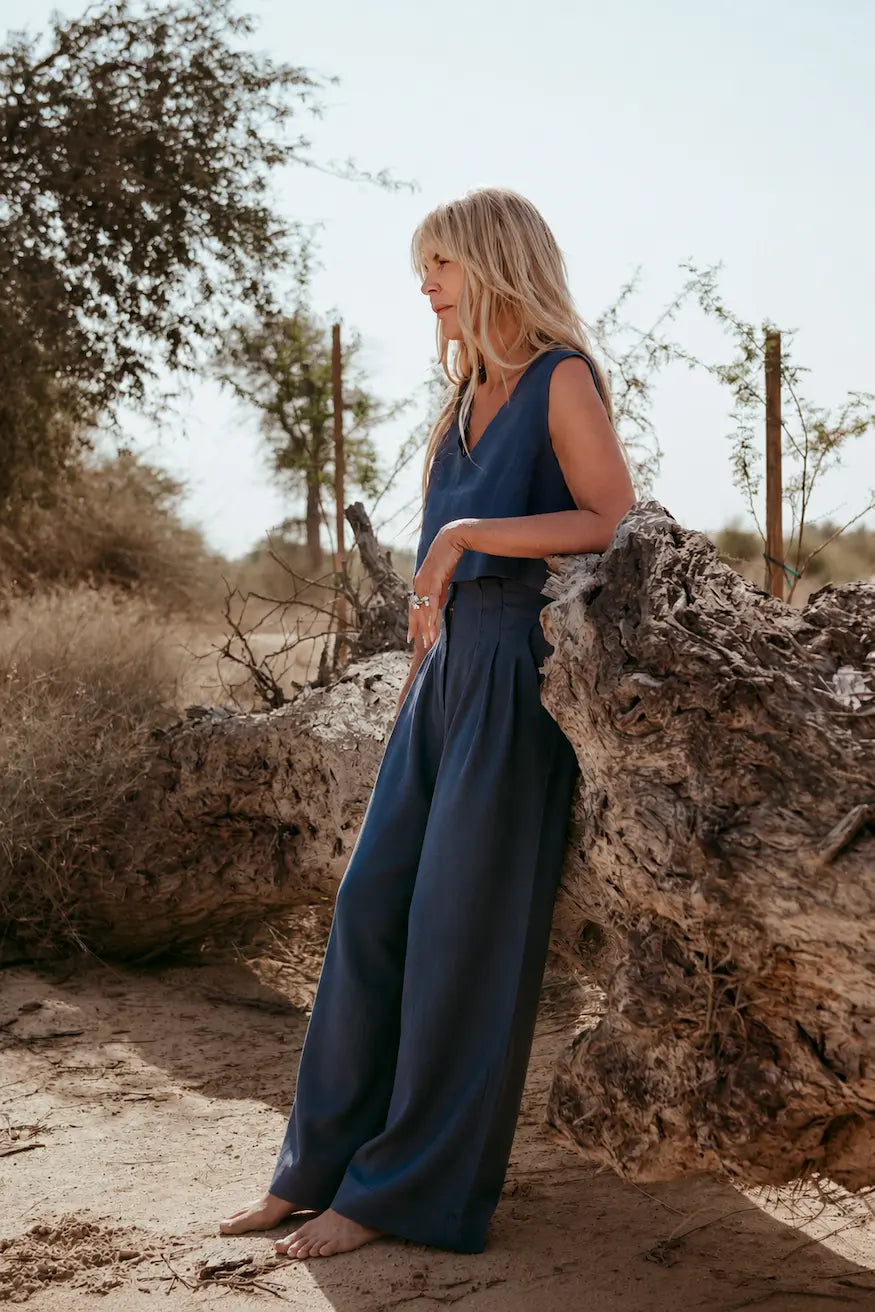 Designed and made in our Dubai studio. Pleated High-waisted Pants + Sleeveless Crop Top. Thoughtfully designed as part of our commitment to sustainable fashion and the values of modern ethical fashion brands, combining timeless style with responsible craftsmanship.