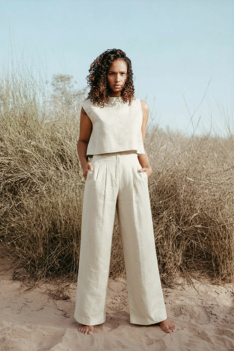 Amelia Italian Linen Co-ord Set in off white – pleated wide-leg pants and V-neck sleeveless crop top, handmade in Dubai