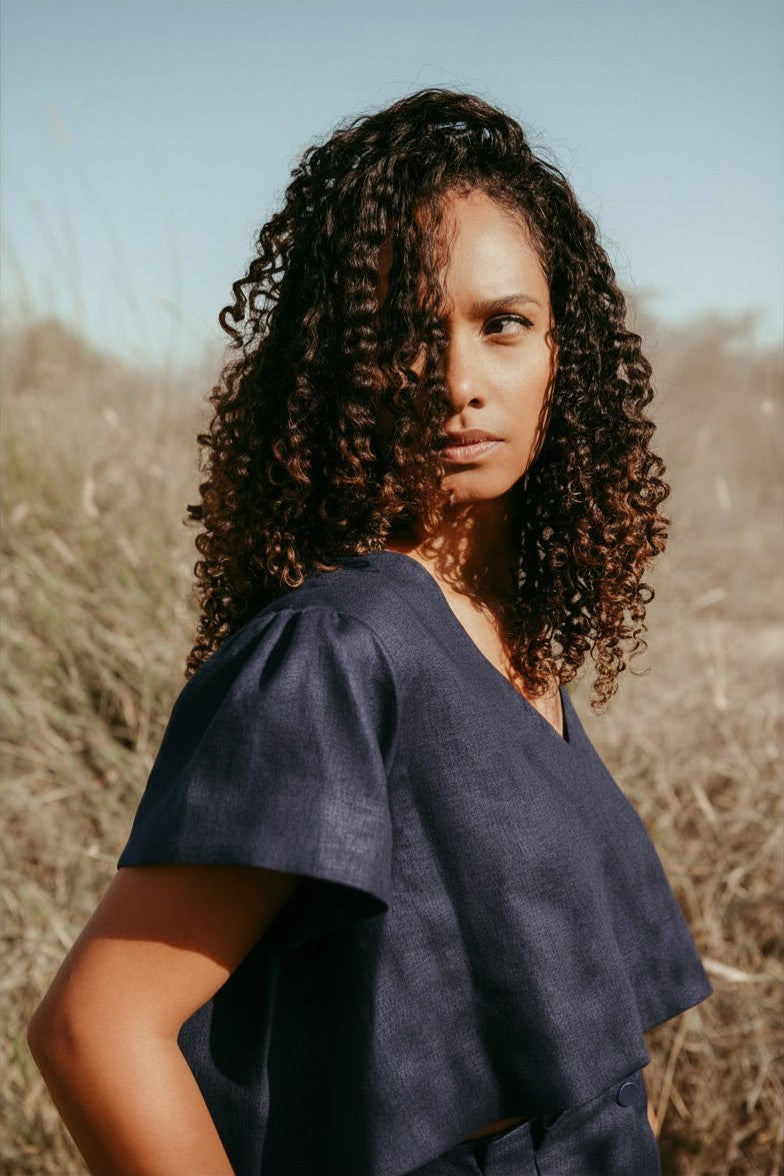 Amelia Italian Linen Co-ord Set – front Pants & Crop Top in natural linen, handmade in Dubai | Sustainably U