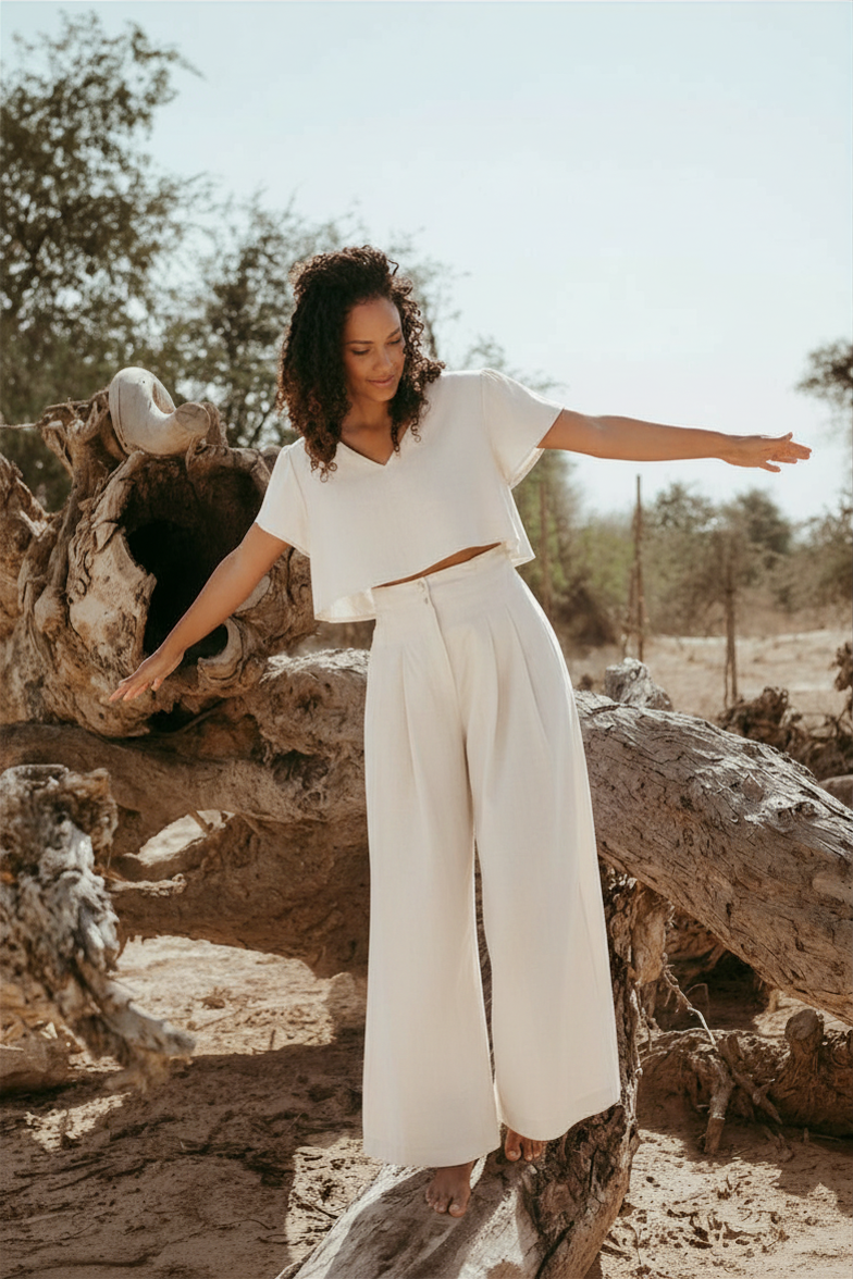 Amelia Italian Linen Co-ord Set – front Pants & Crop Top in natural linen, handmade in Dubai | Sustainably U