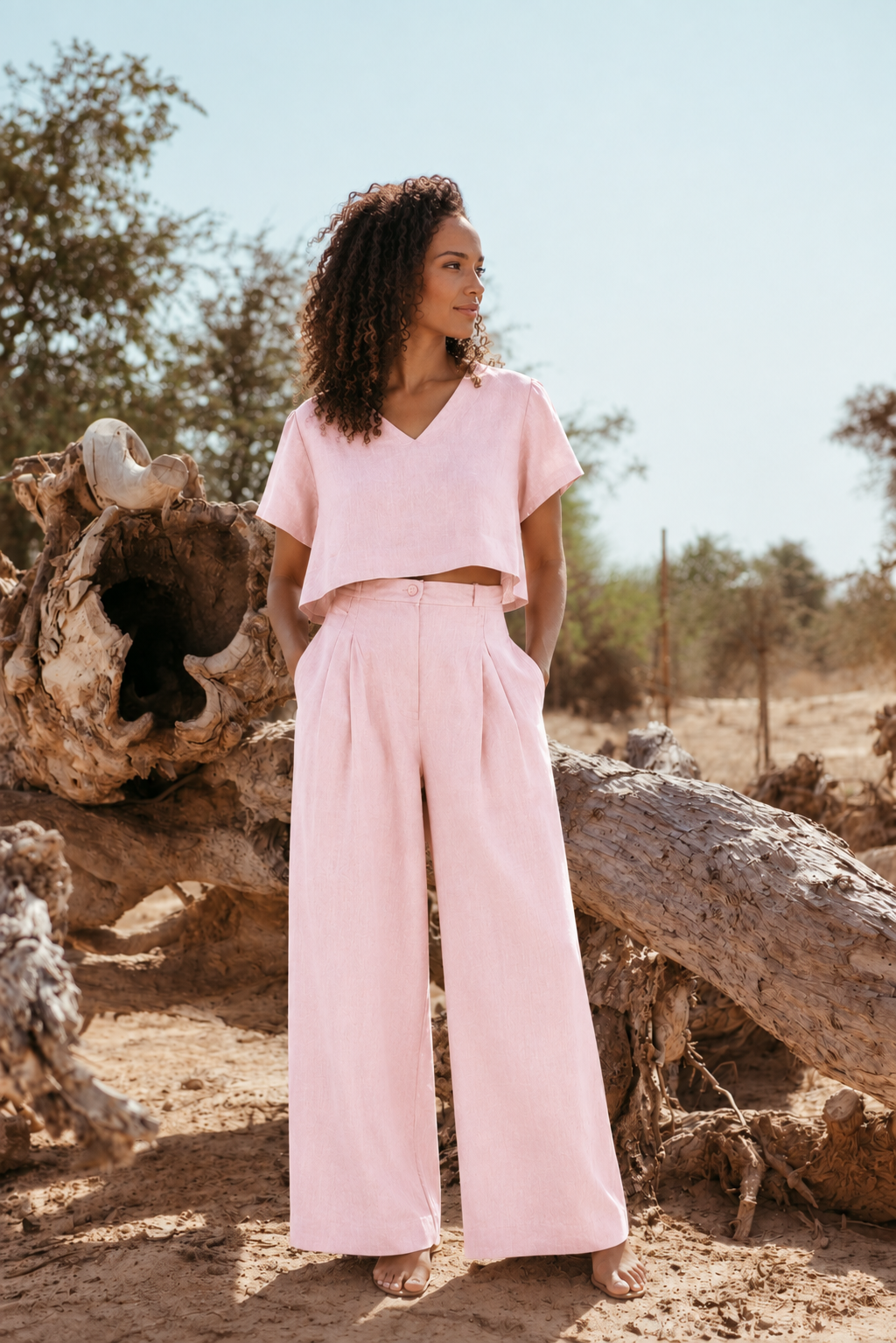 Woman wearing the Amelia Pastel Pink Italian linen co-ord set, made in Dubai by Sustainably U