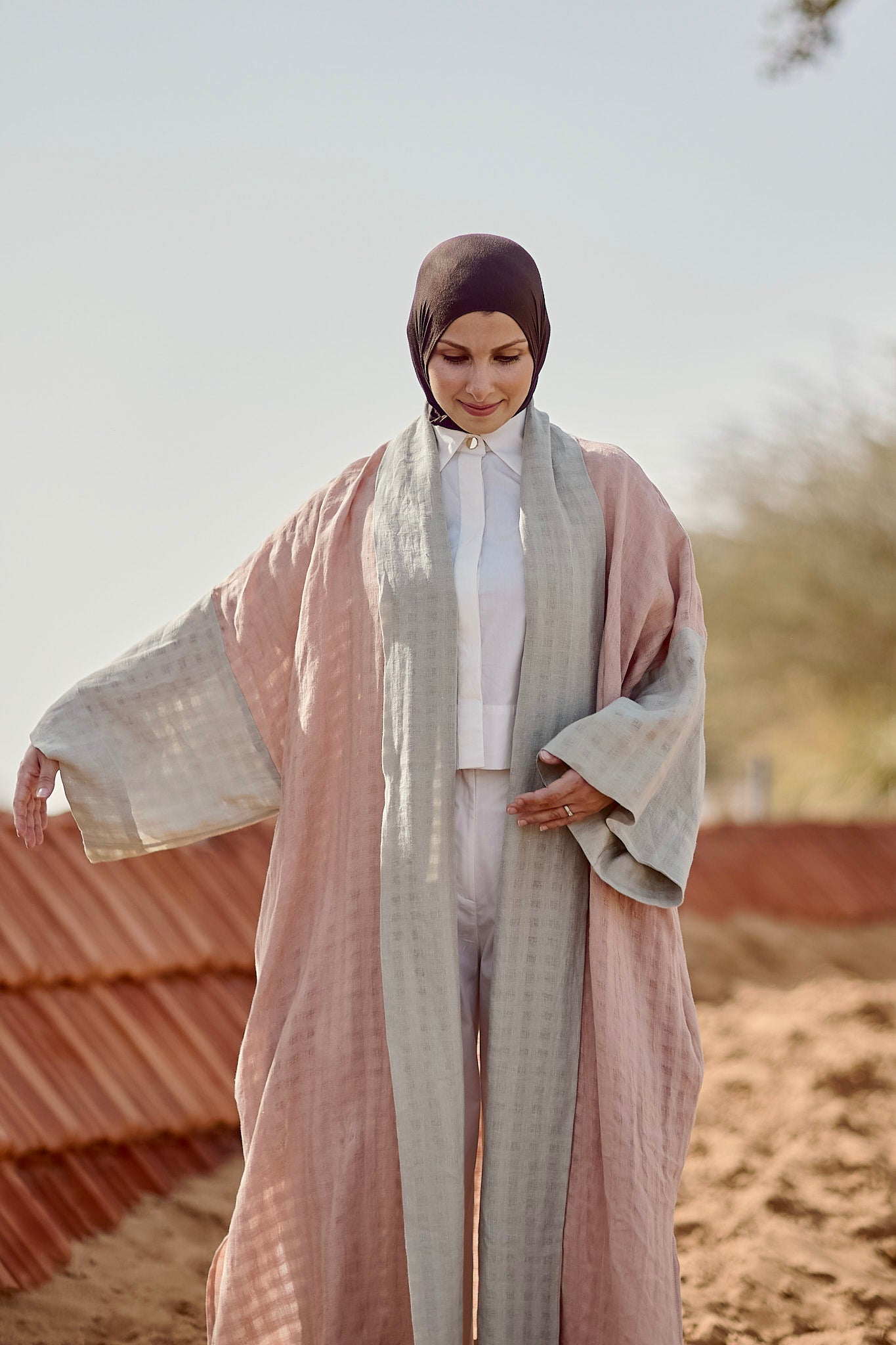 Anya Shawl Abaya in Dusty Pink Italian Linen, sustainable women's abaya handmade in Dubai | Sustainably U