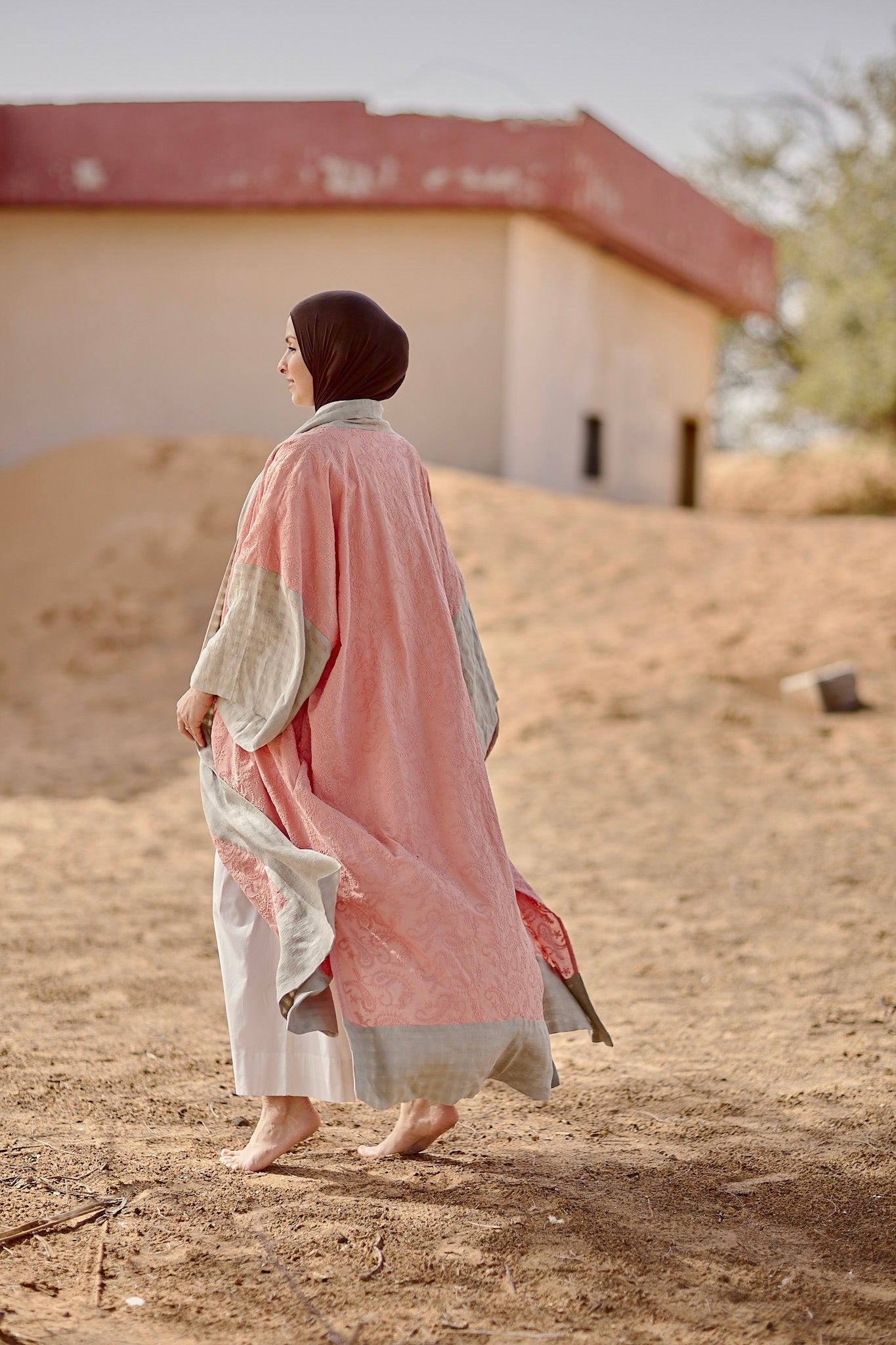 Anya Shawl Abaya in Pink Thread-work with linen , sustainable women's abaya handmade in Dubai | Sustainably U