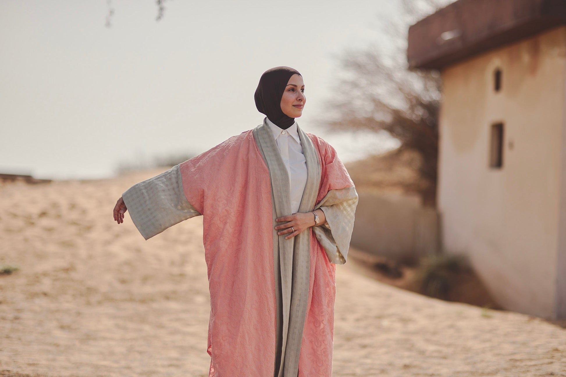 Anya Shawl Abaya in Pink Thread-work with linen , sustainable women's abaya handmade in Dubai | Sustainably U
