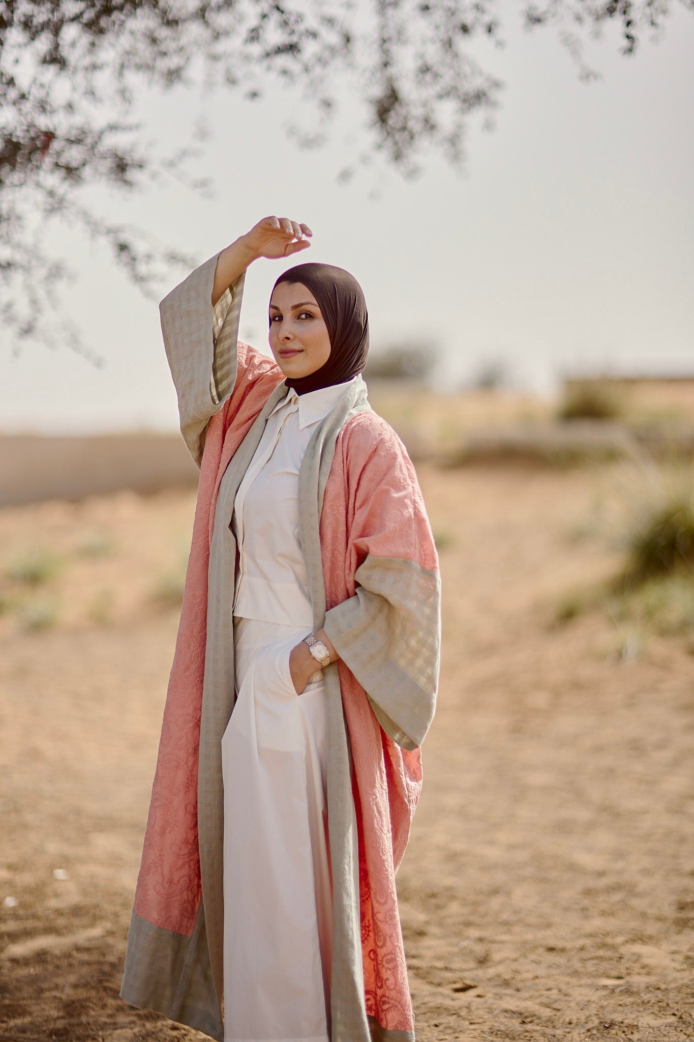 Anya Shawl Abaya in Pink Thread-work with linen , sustainable women's abaya handmade in Dubai | Sustainably U