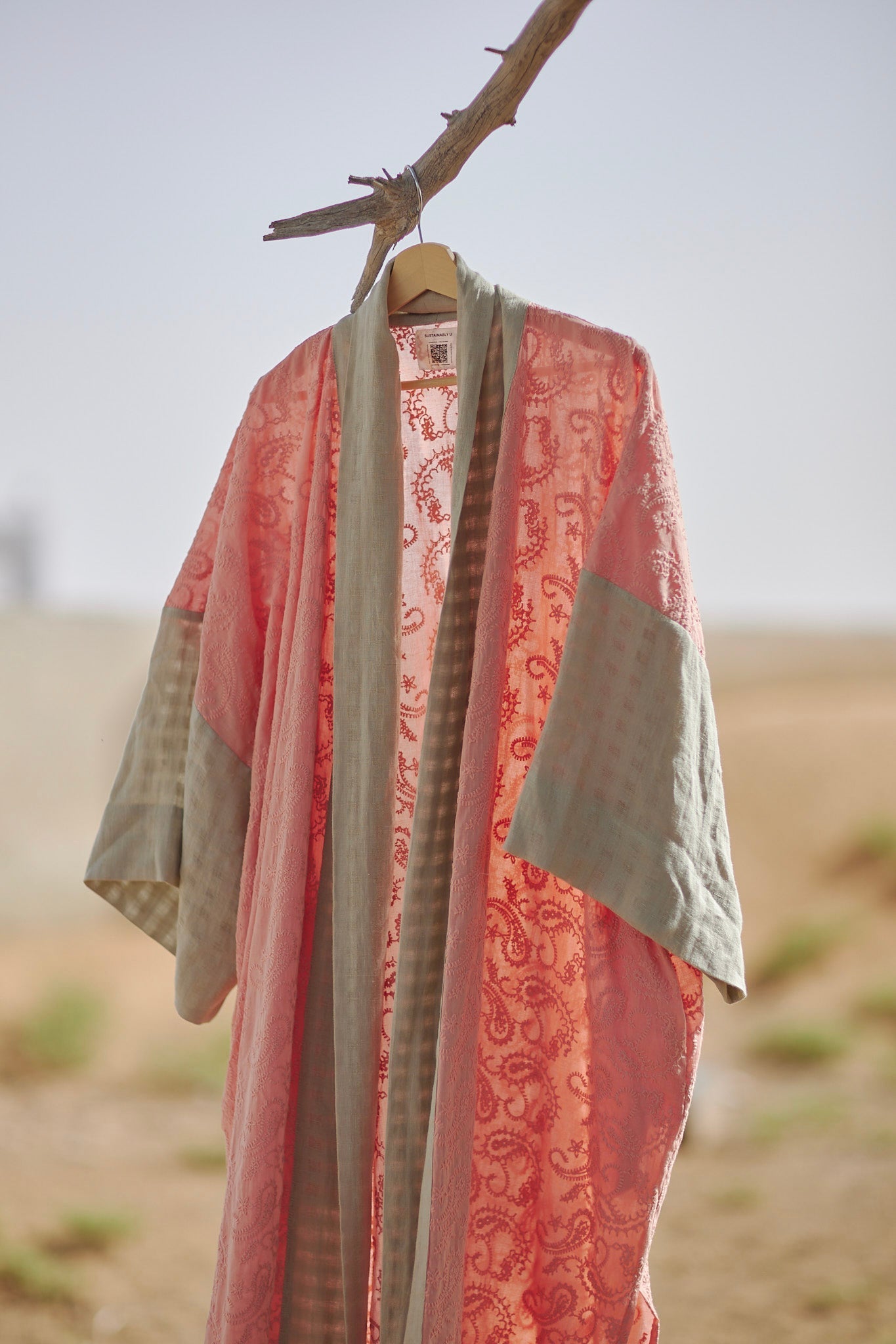 Anya Shawl Abaya in Pink Thread-work with linen , sustainable women's abaya handmade in Dubai | Sustainably U