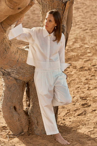 Designed and made in our Dubai studio. Pleated Low-waisted Organic Cotton Poplin Pants + Crop Full Sleeve Shirt . sustainable fashion . Ethical fashion brands.