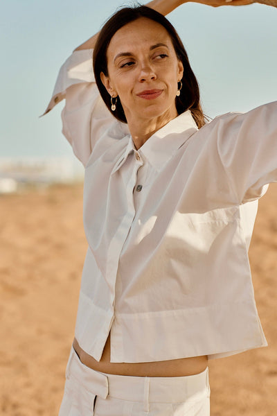 Designed and made in our Dubai studio. Pleated Low-waisted Organic Cotton Poplin Pants + Crop Full Sleeve Shirt . sustainable fashion . Ethical fashion brands.