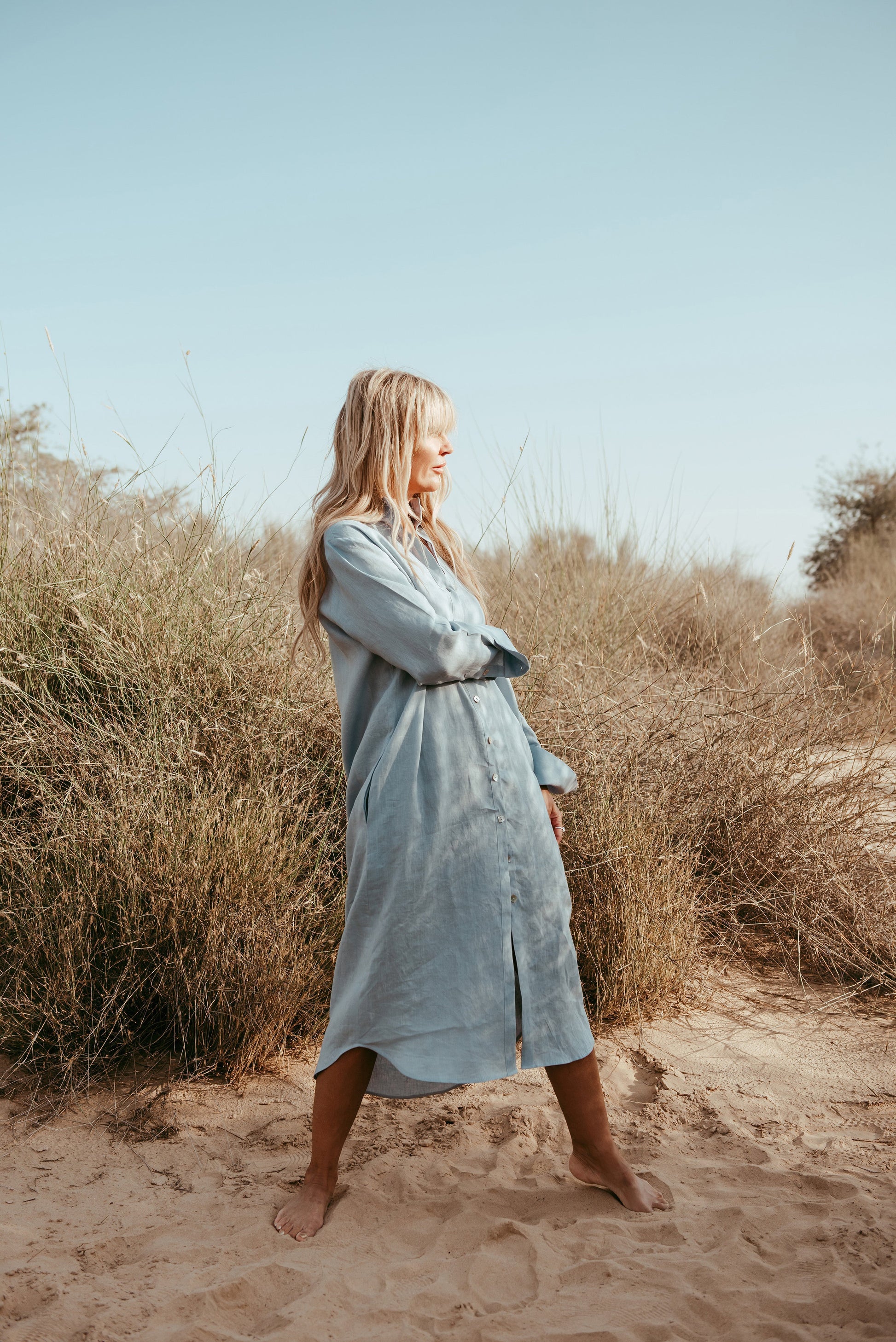 Designed and made in our Dubai studio.  Choker collar dress for a day at the beach or dress it up with a belt. Made out of pure natural Italian linen. Sustainable fashion. Slow Fashion brand.