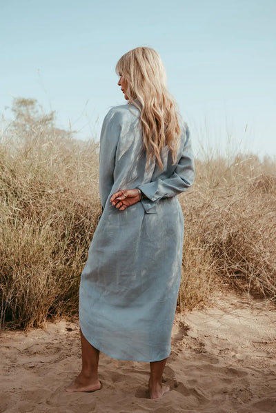 Aria sky blue Italian linen kaftan dress, full-length back view