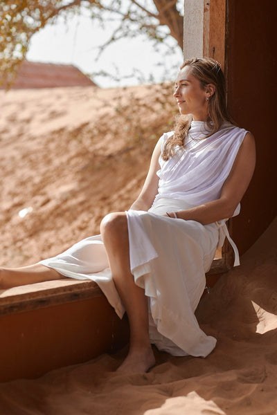 Aviva Drap Blouse in Orange fiber sustainable women's top handmade in Dubai | Sustainably U