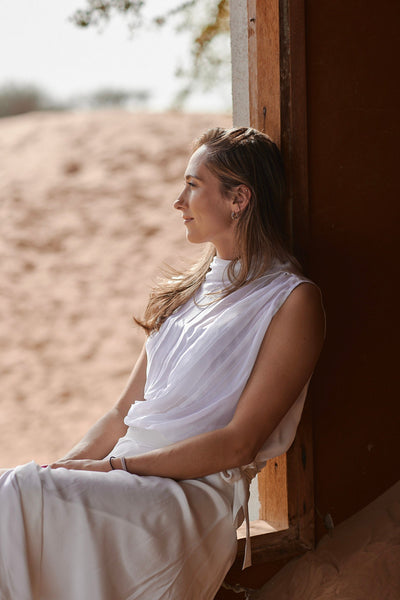 Aviva Drap Blouse in Orange fiber sustainable women's top handmade in Dubai | Sustainably U