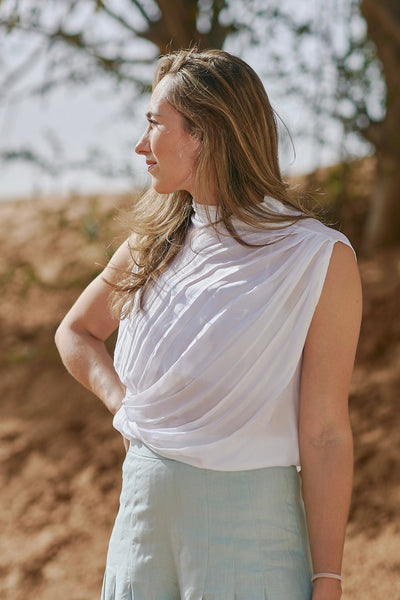 Aviva Drap Blouse in Orange fiber sustainable women's top handmade in Dubai | Sustainably U |side