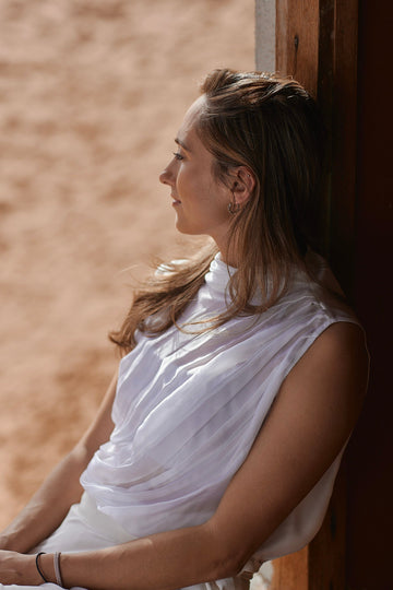 Aviva Drap Blouse in Orange fiber sustainable women's top handmade in Dubai | Sustainably U