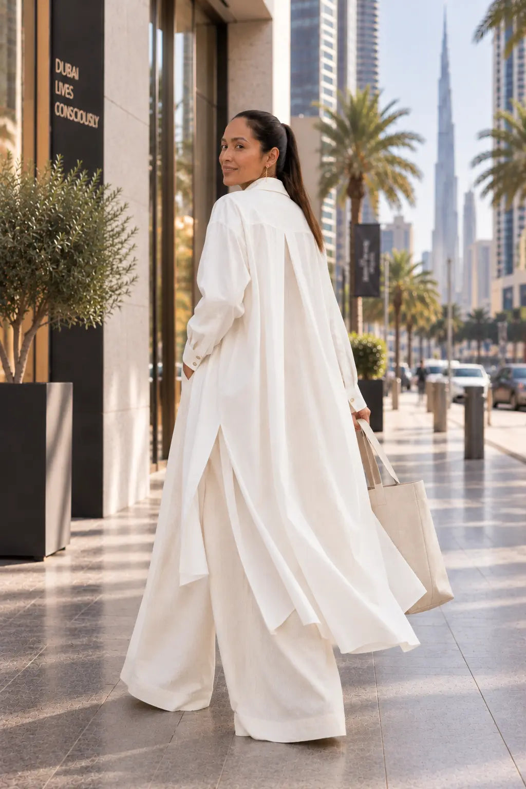 A long shirt made in organic cotton that is true to our minimalistic design and lightweight for a day at the beach or dress it up with a belt. Dubai. Sustainable Fashion.