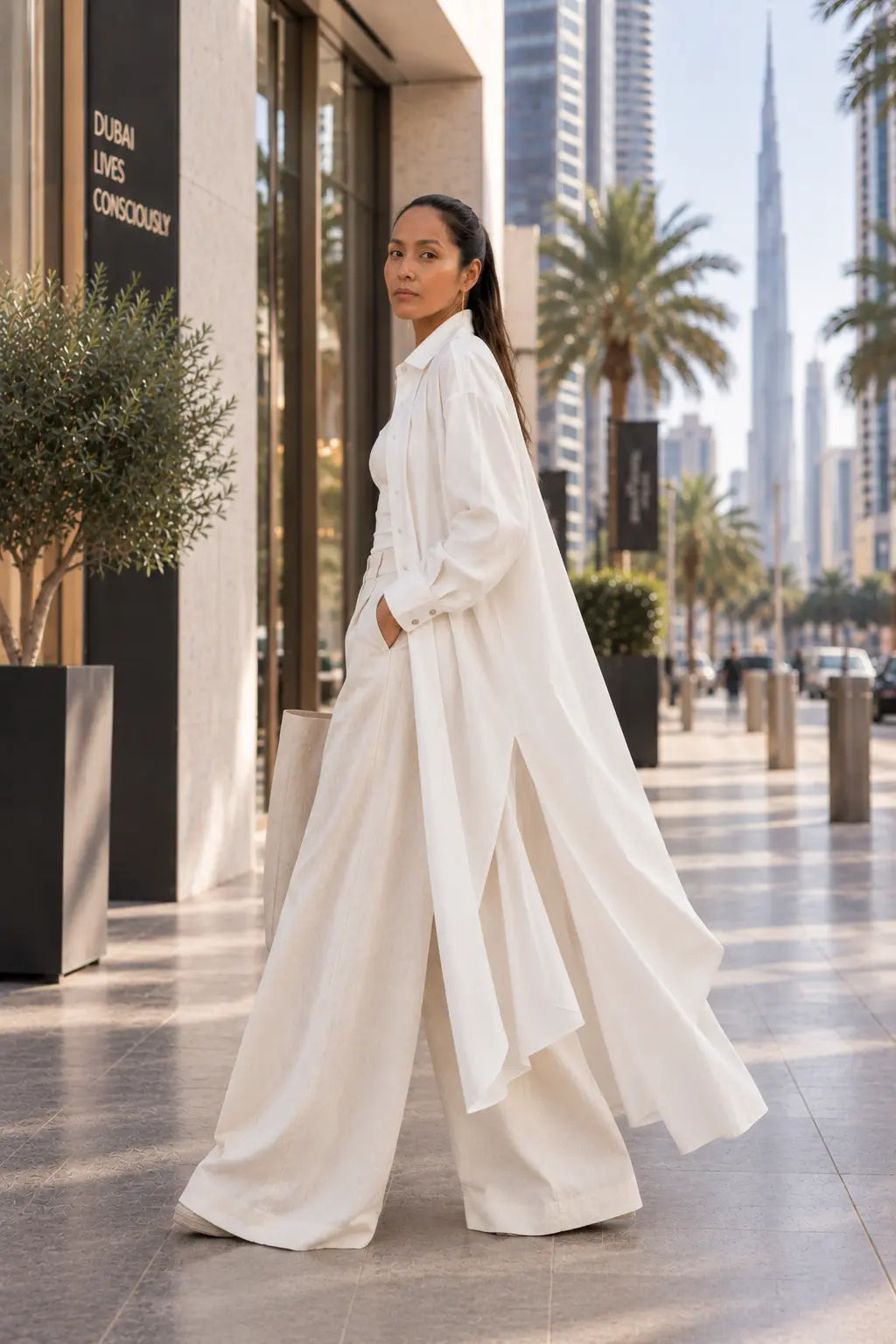 A long shirt made in organic cotton that is true to our minimalistic design and lightweight for a day at the beach or dress it up with a belt. Dubai. Sustainable Fashion.