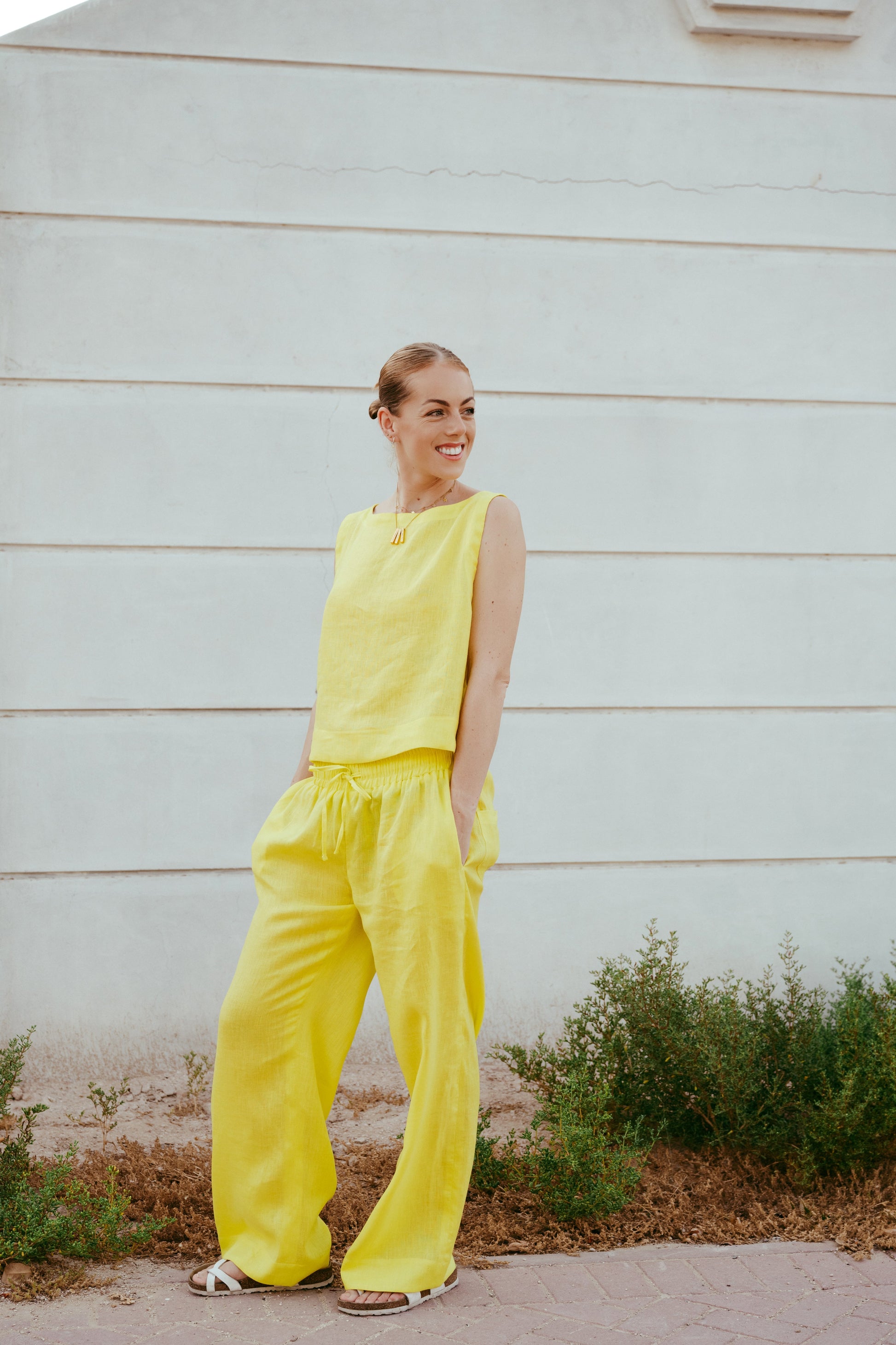 Dahlia Italian linen Pants. Designed and made in Dubai. Sustainably U. Sustainable Fashion. Slow fashion. Ethical brand
