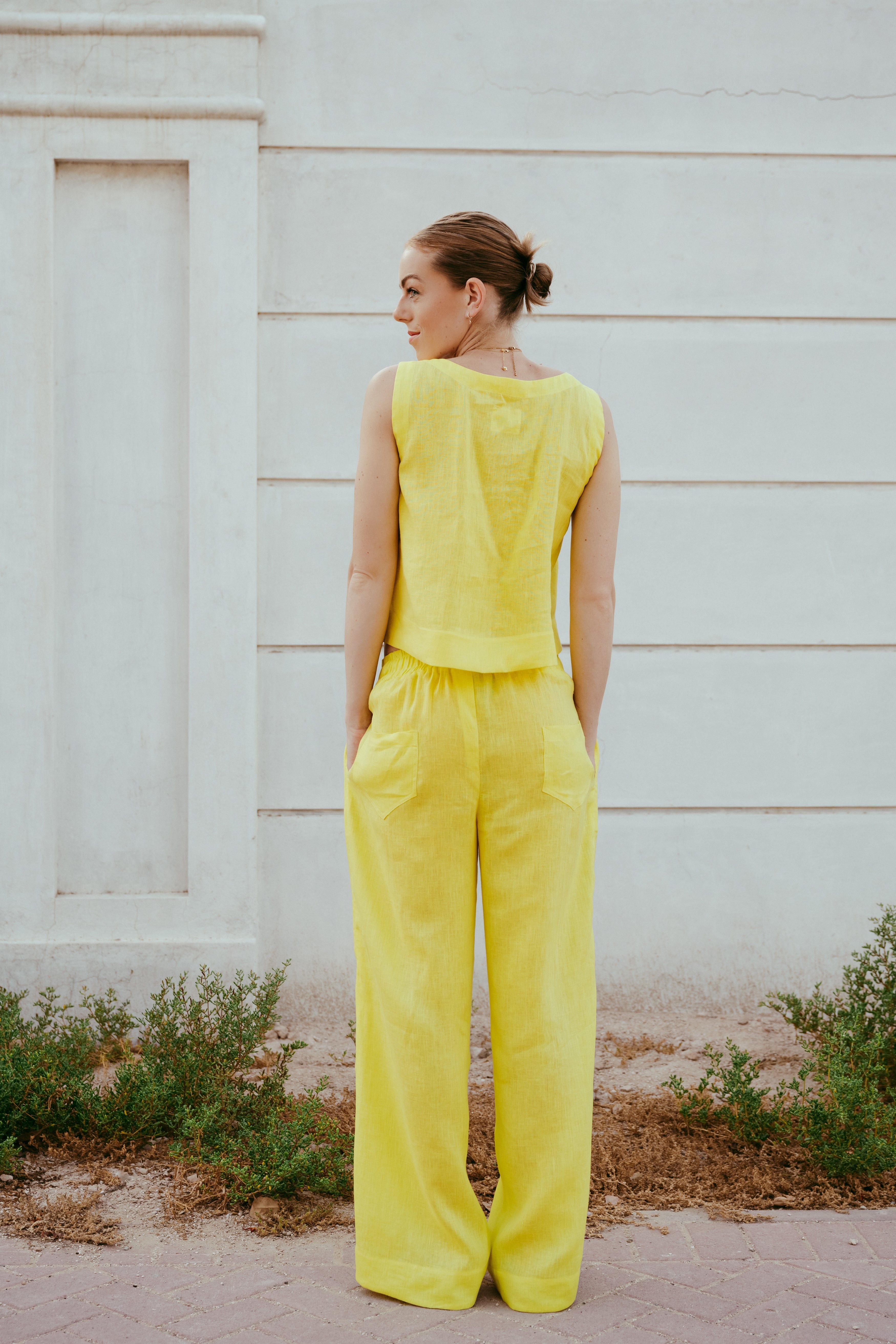 Dahlia Italian linen Pants. Designed and made in Dubai. Sustainably U. Sustainable Fashion. Slow fashion. Ethical brand