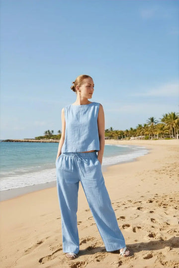 Dahlia Pants set is crafted from Italian linen and features an elasticated waist with drawstrings. Sustainably U. sky blue