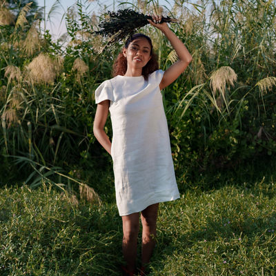 Indhu off-white linen dress for women, back view