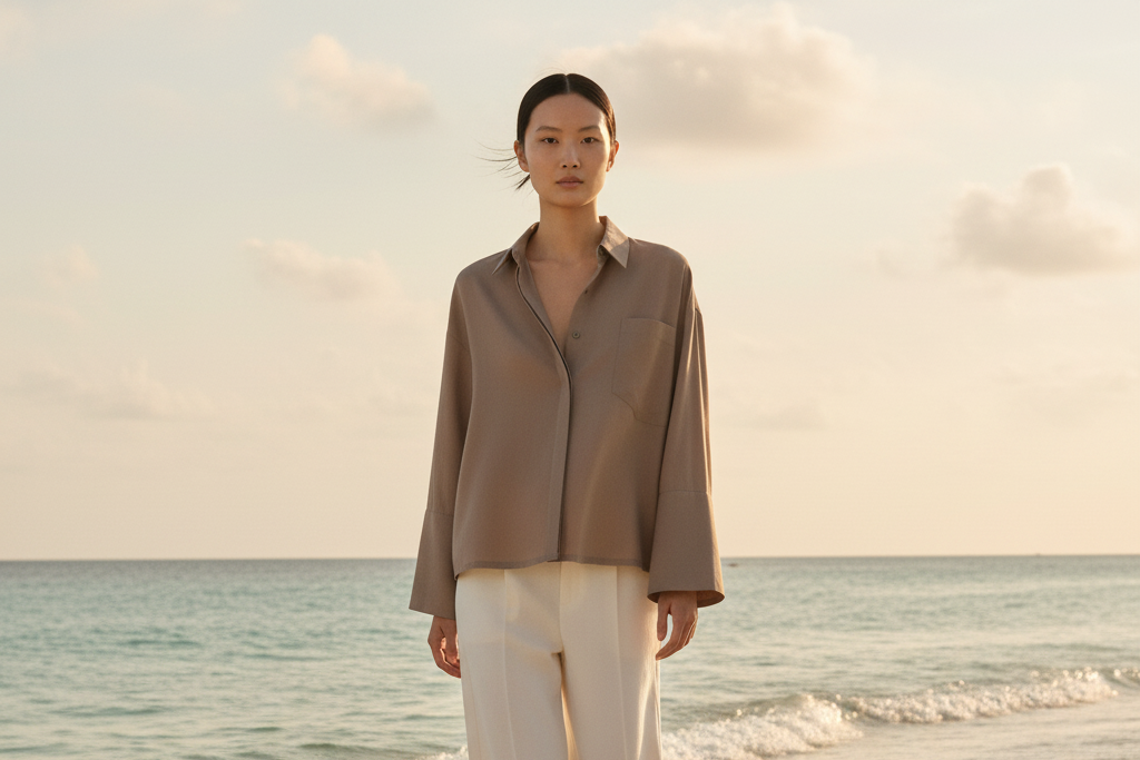 A woman walks barefoot on a sandy beach wearing a loose taupe button-up italian linen shirt and cream wide-leg trousers.slider_item_3x6NVz