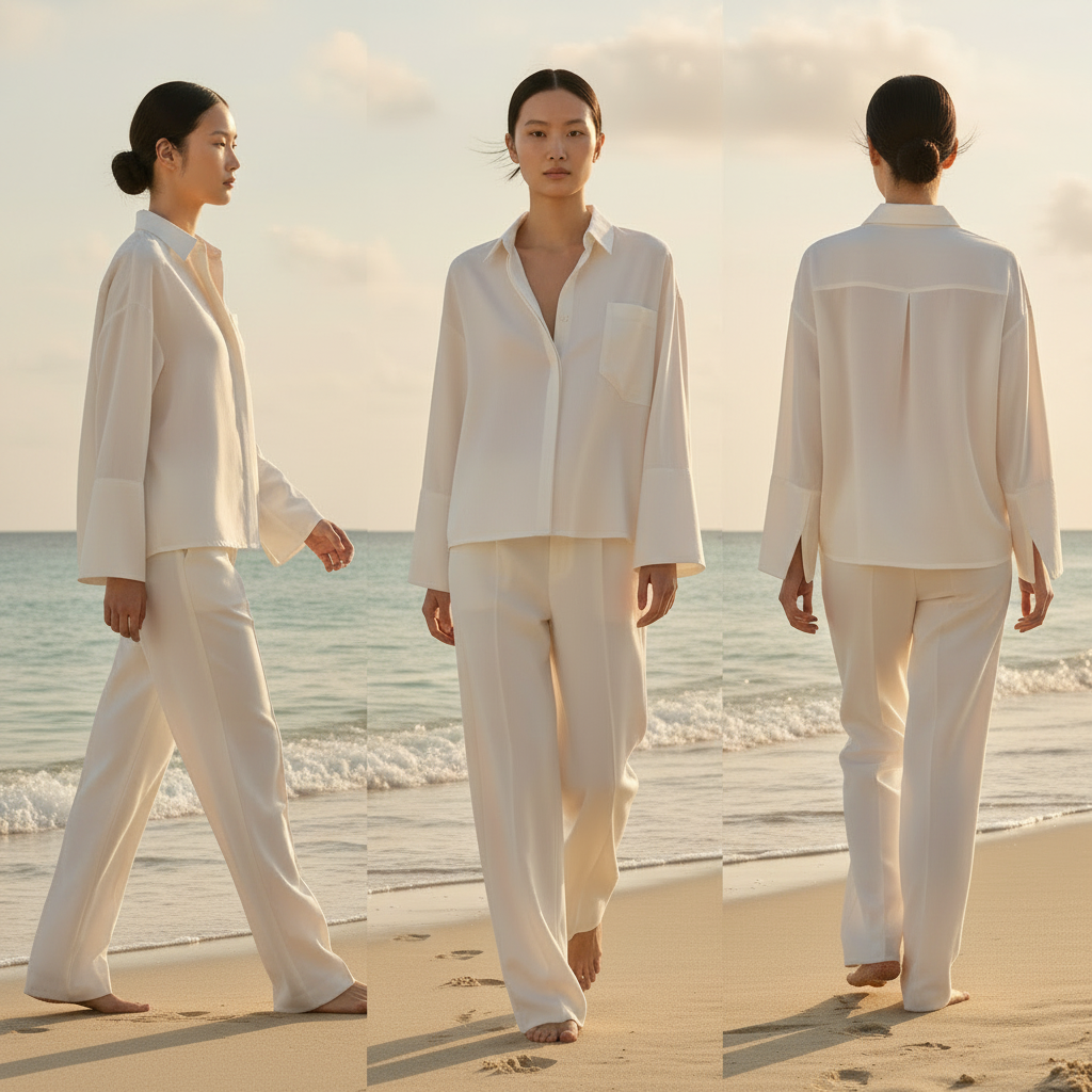 Three views of a woman modeling an off white long-sleeve button-up shirt in italian linen. Made in ubai. By Sustainably U