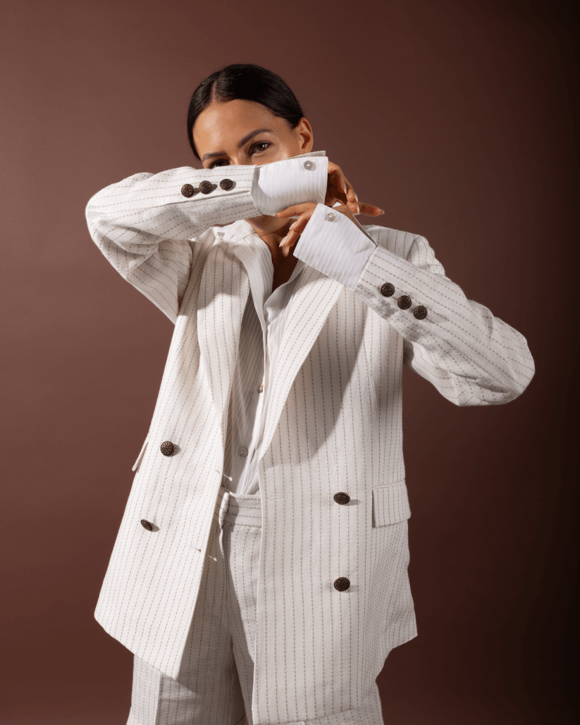 Kaia women's Linen Blazer By Sustainably U is custom made in  Dubai. Sustainable Fashion. Ethical Brand. slow Fashio