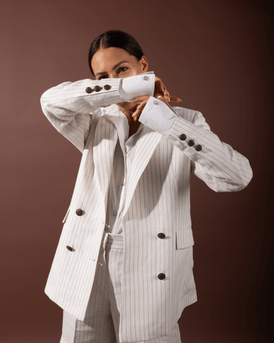 Kaia women's Linen Blazer By Sustainably U is custom made in  Dubai. Sustainable Fashion. Ethical Brand. slow Fashio