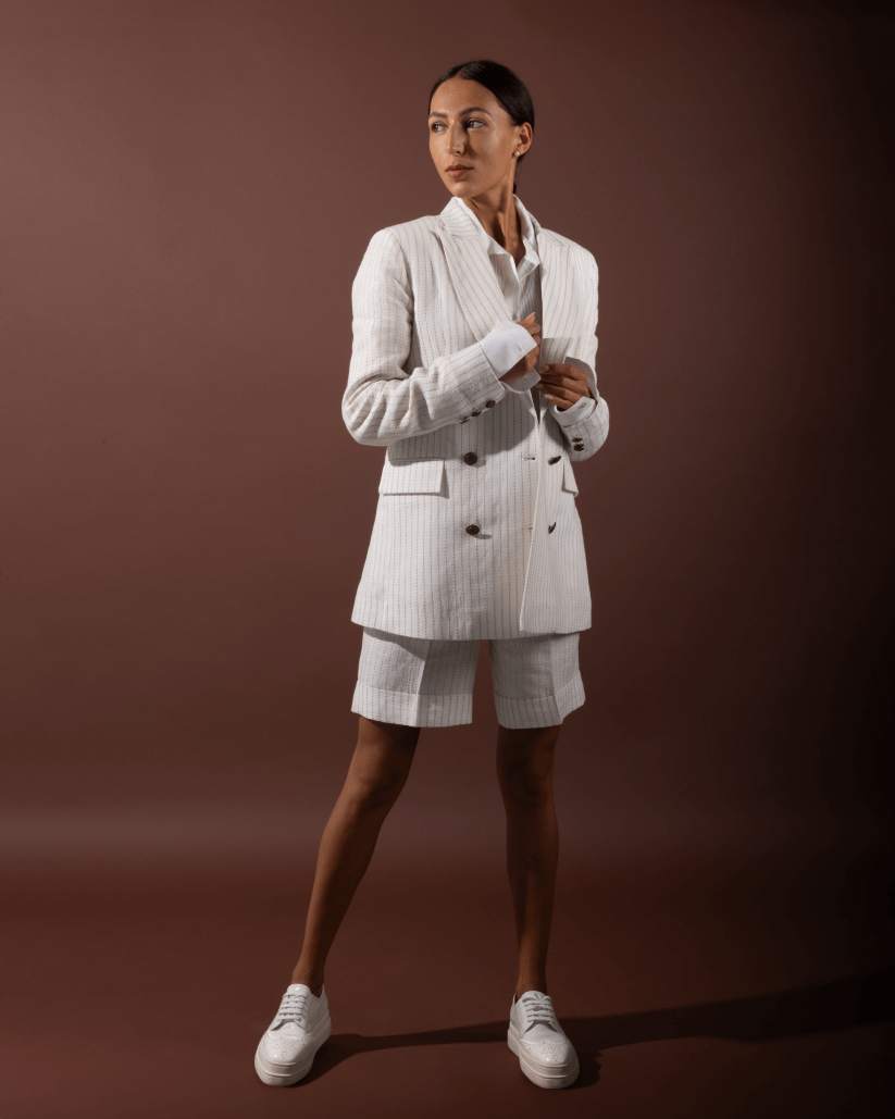 Kaia women;s Linen Blazer By Sustainably U is custom made in  Dubai. Sustainable Fashion. Ethical Brand. slow Fashion
