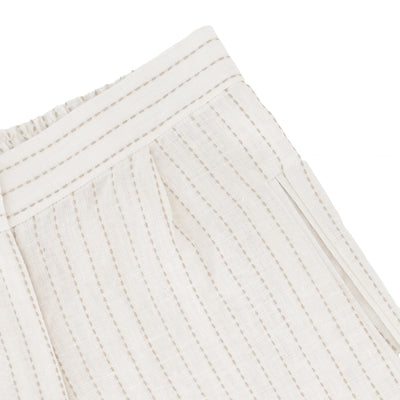 Close-up of striped Italian linen fabric used for Kaia shorts